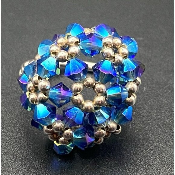 Unbranded Jewelry - Tested Sterling Silver Ring Blue AB Bicone Crystal Dome Woven Bead Size 6 Floral